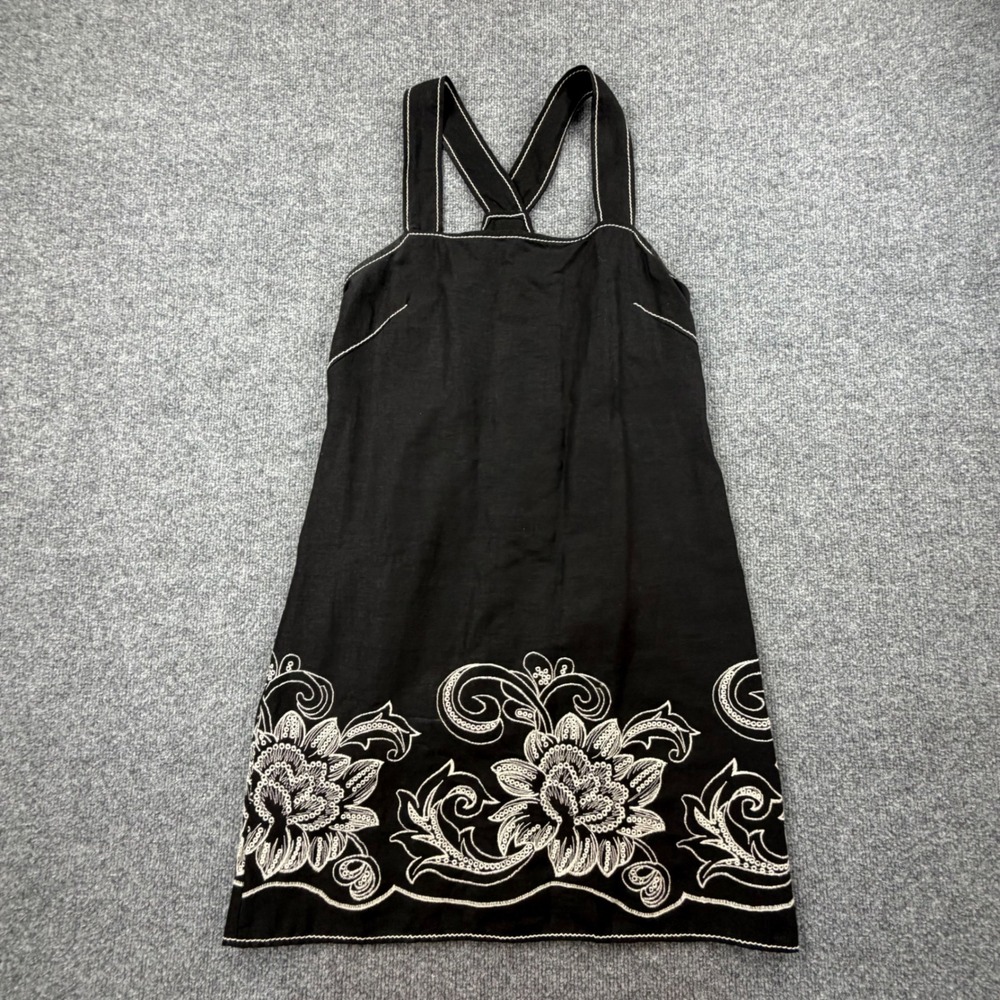 Max Studio Black Linen Blend Floral Embroidered Pinafore Dress Large - Picture 2 of 8
